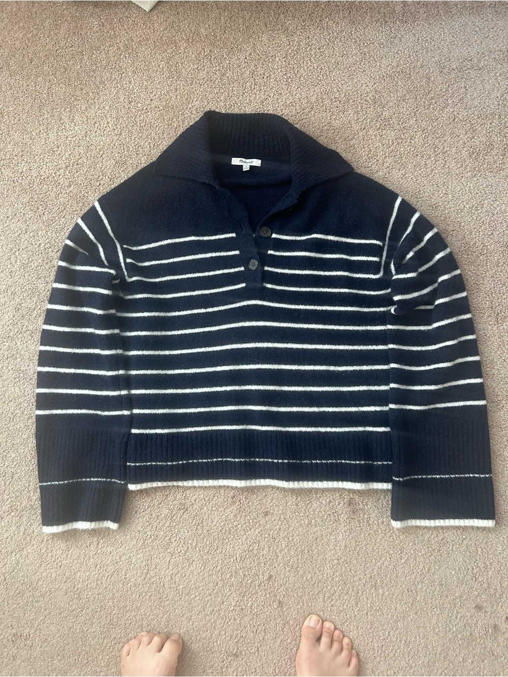 Madewell CloudSoft Polo Sweater - Navy with White Stripes